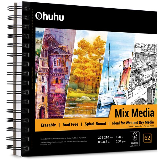 Ohuhu; Ohuhu Mix Media Pad, Mixed Media Art Sketchbook, 120 LB/200 GSM Heavyweight Papers, Spiral Bound Mixed Media Paper Pad for Acrylic, Painting Christmas Gift; Category:Wirebound Sketchbooks; Image:1